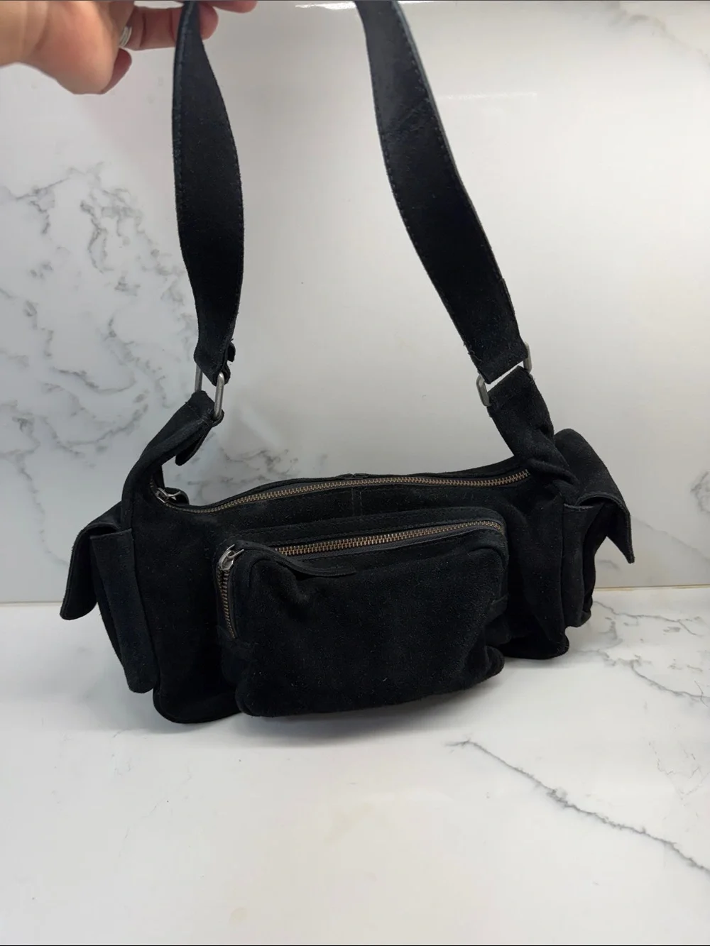 Free People Black Suede Bag with Front Zip Pocket